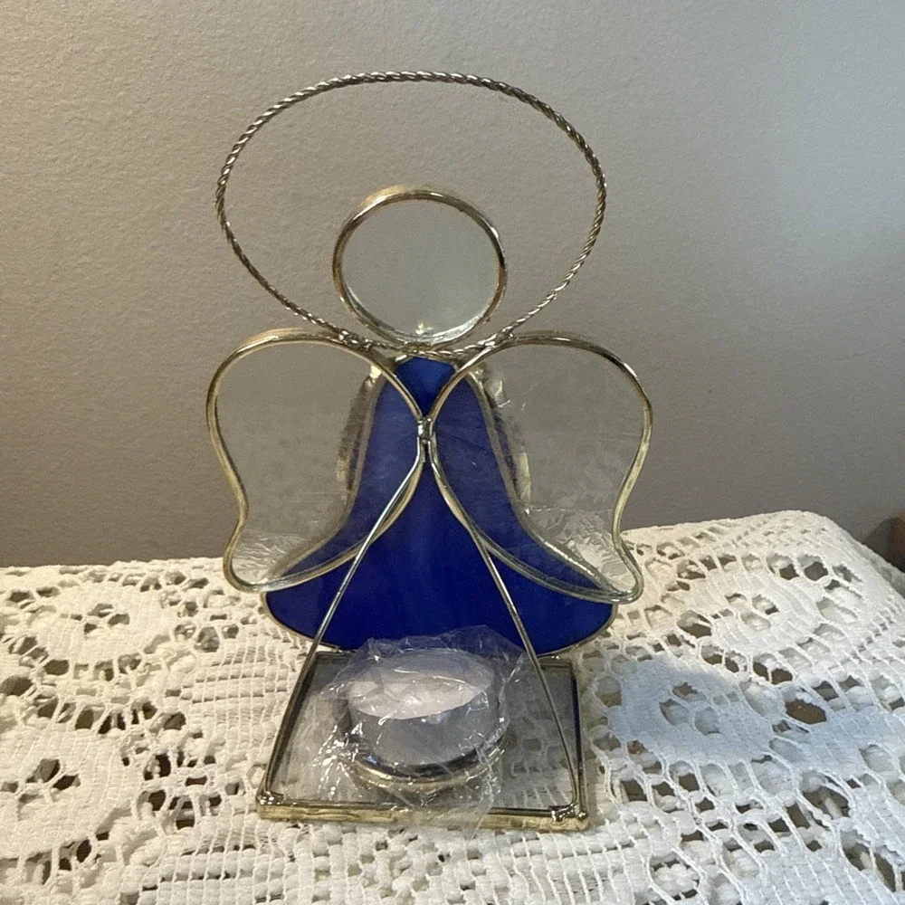 Stained Glass Angel Votive Candle Holder Tea Light Blue Christmas
